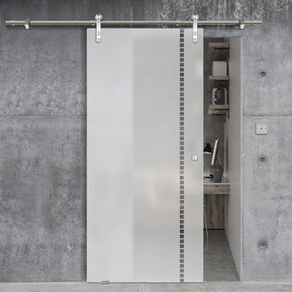 Image: Single Glass Sliding Door - Solaris Tubular Stainless Steel Sliding Track & Gifford 8mm Obscure Glass - Clear Printed Design