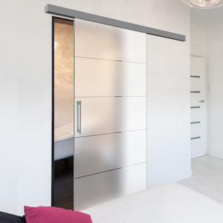 Image: Single Glass Sliding Door - Gullane 8mm Obscure Glass - Clear Printed Design - Planeo 60 Pro Kit