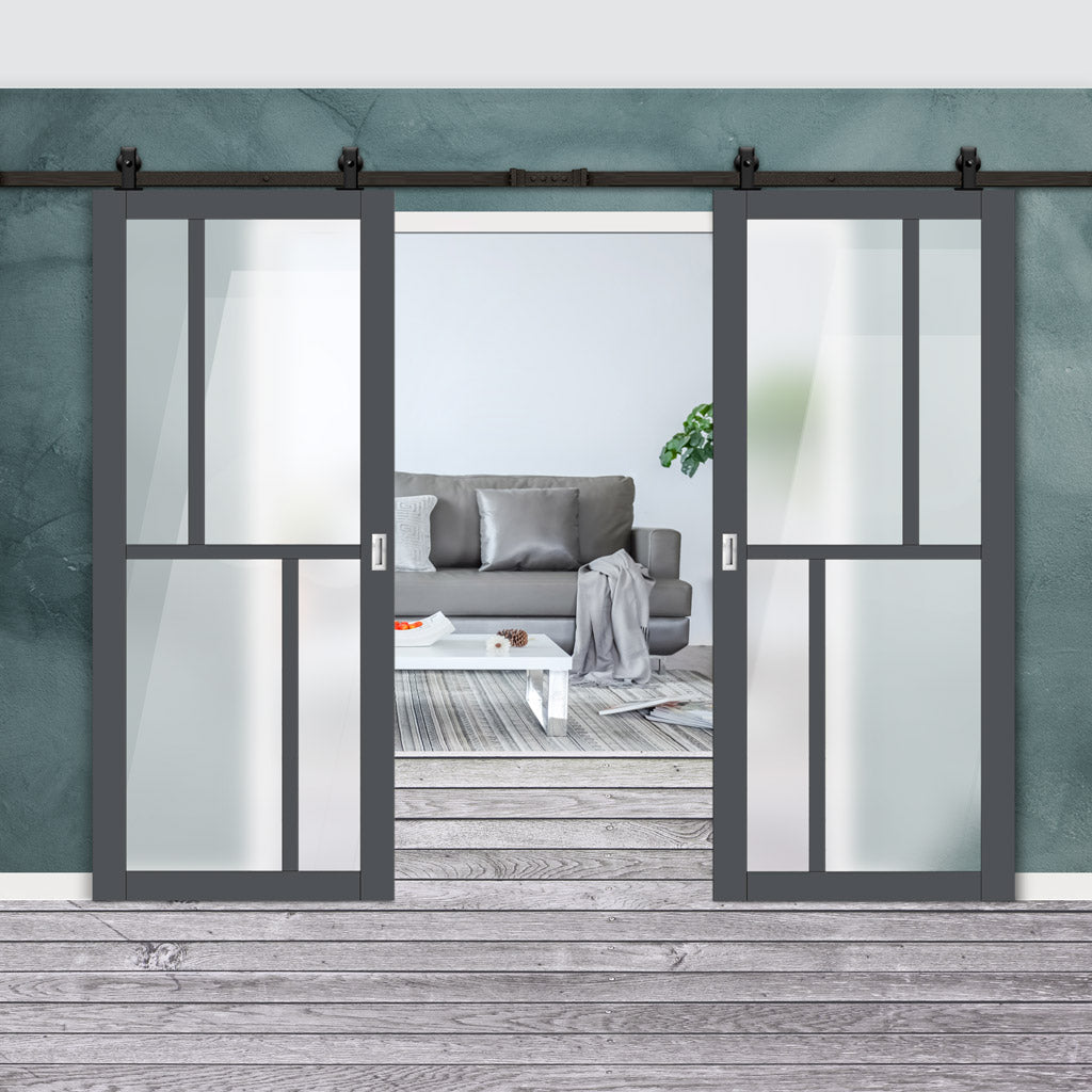 Top Mounted Black Sliding Track & Solid Wood Double Doors - Eco-Urban® Hampton 4 Pane Doors DD6413SG Frosted Glass - Stormy Grey Premium Primed