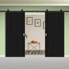 Top Mounted Black Sliding Track & Solid Wood Double Doors - Eco-Urban® Hampton 4 Panel Doors DD6413 - Shadow Black Premium Primed