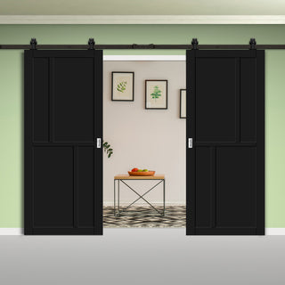 Image: Top Mounted Black Sliding Track & Solid Wood Double Doors - Eco-Urban® Hampton 4 Panel Doors DD6413 - Shadow Black Premium Primed