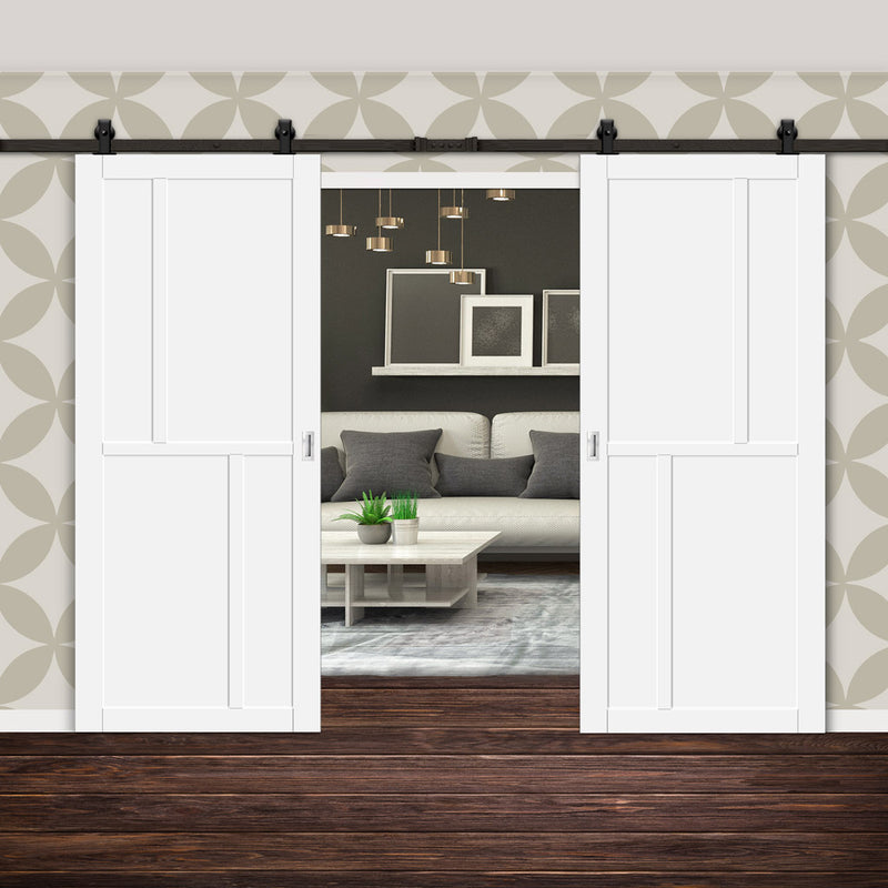Top Mounted Black Sliding Track & Solid Wood Double Doors - Eco-Urban® Hampton 4 Panel Doors DD6413 - Cloud White Premium Primed
