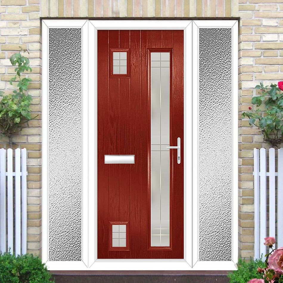 Cottage Style Hansa 3 Composite Front Door Set with Double Side Screen - Hnd Linear Glass - Shown in Red