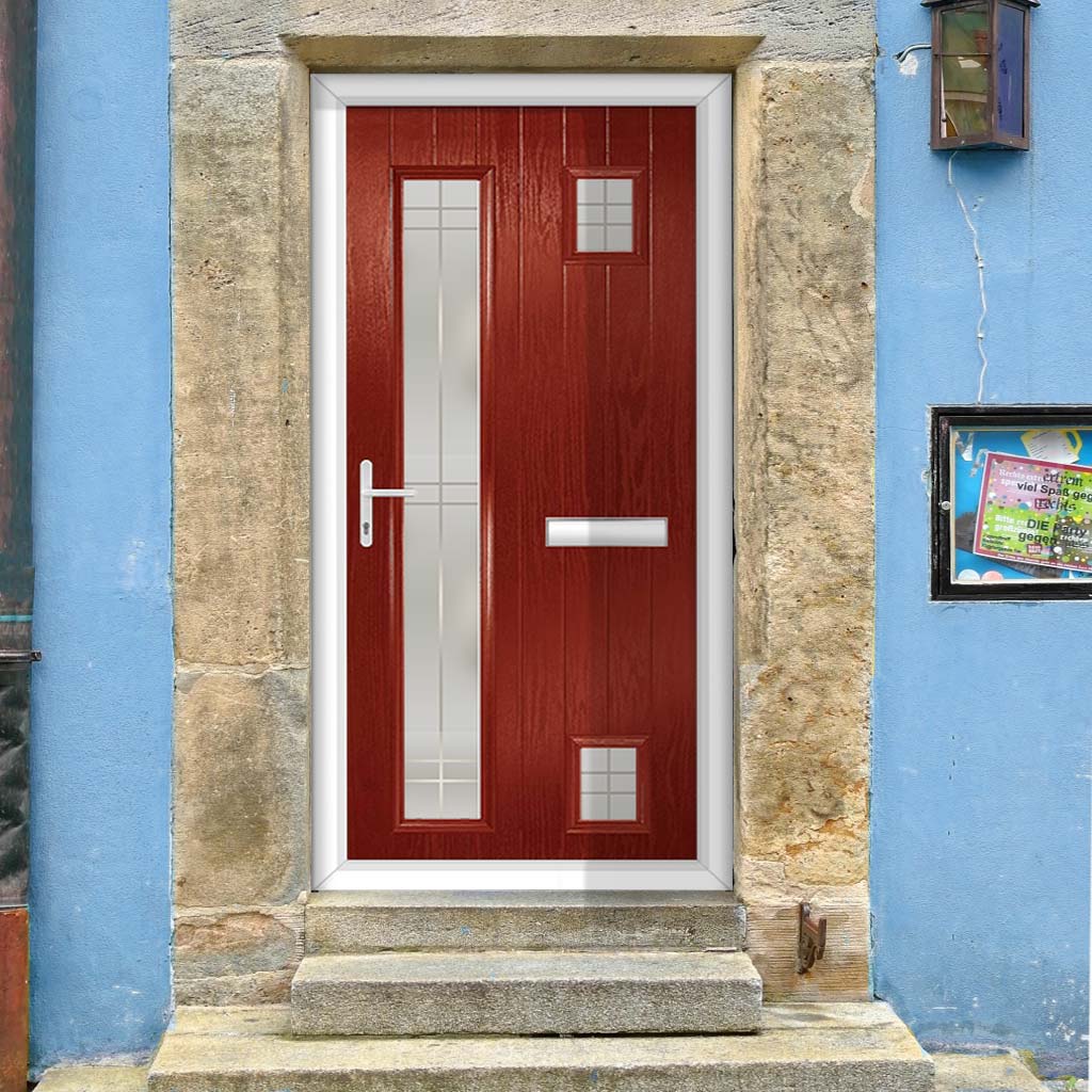 Cottage Style Hansa 3 Composite Front Door Set with Hnd Linear Glass - Shown in Red