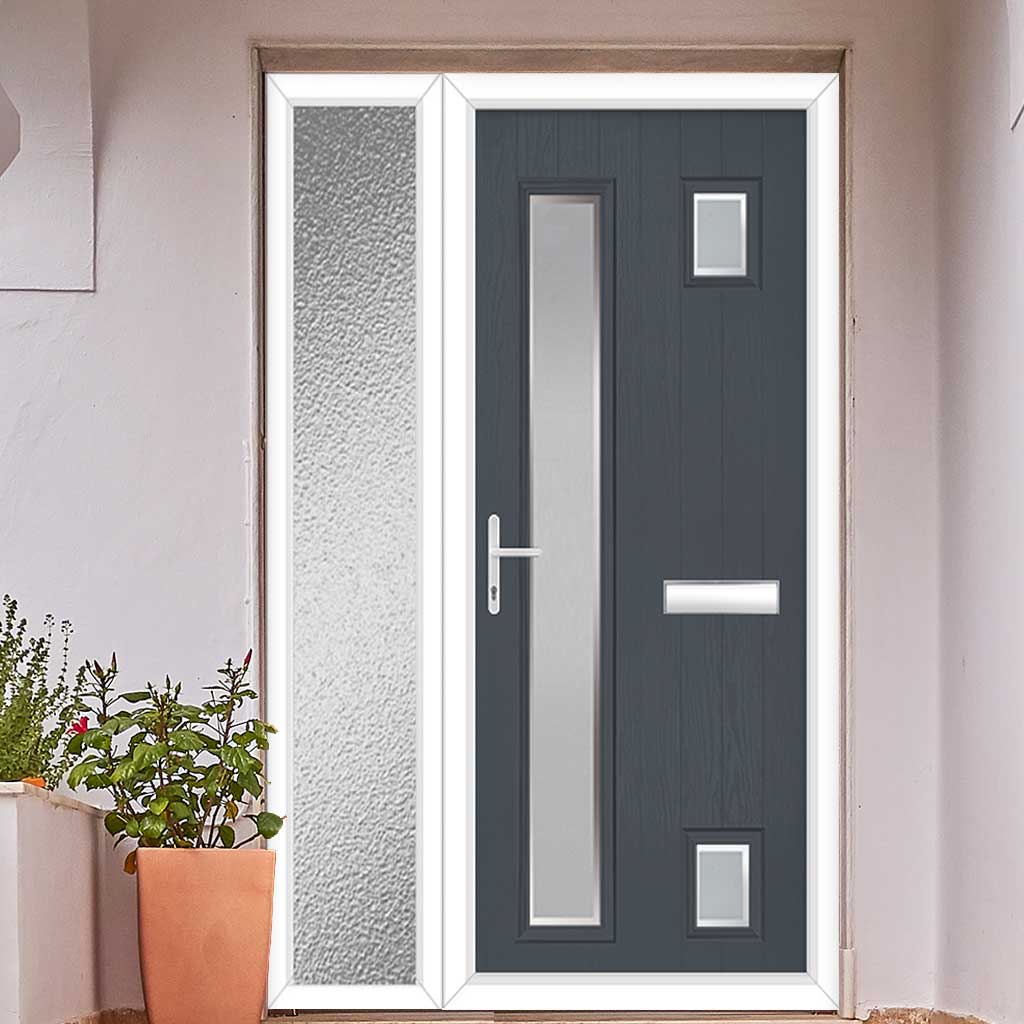 Cottage Style Hansa 3 Composite Front Door Set with Single Side Screen - Hnd Ice Edge Glass - Shown in Slate Grey