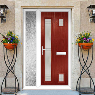 Image: Cottage Style Hansa 3 Composite Front Door Set with Single Side Screen - Hnd Linear Glass - Shown in Red