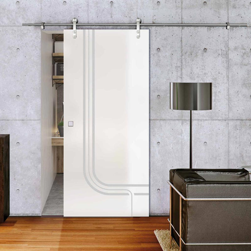 Single Glass Sliding Door - Solaris Tubular Stainless Steel Sliding Track & Holburn 8mm Obscure Glass - Obscure Printed Design
