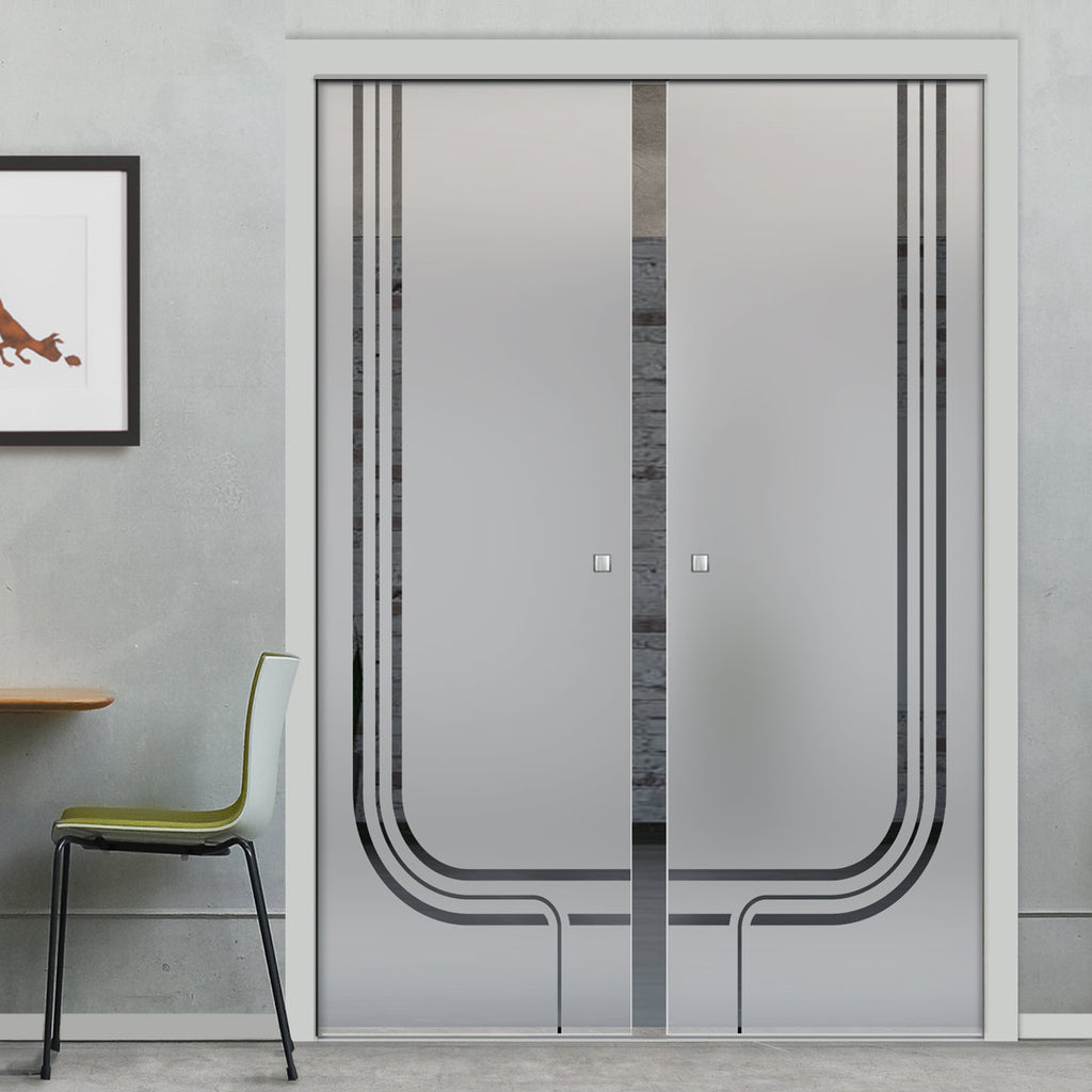 Holburn 8mm Obscure Glass - Clear Printed Design - Double Evokit Pocket Door