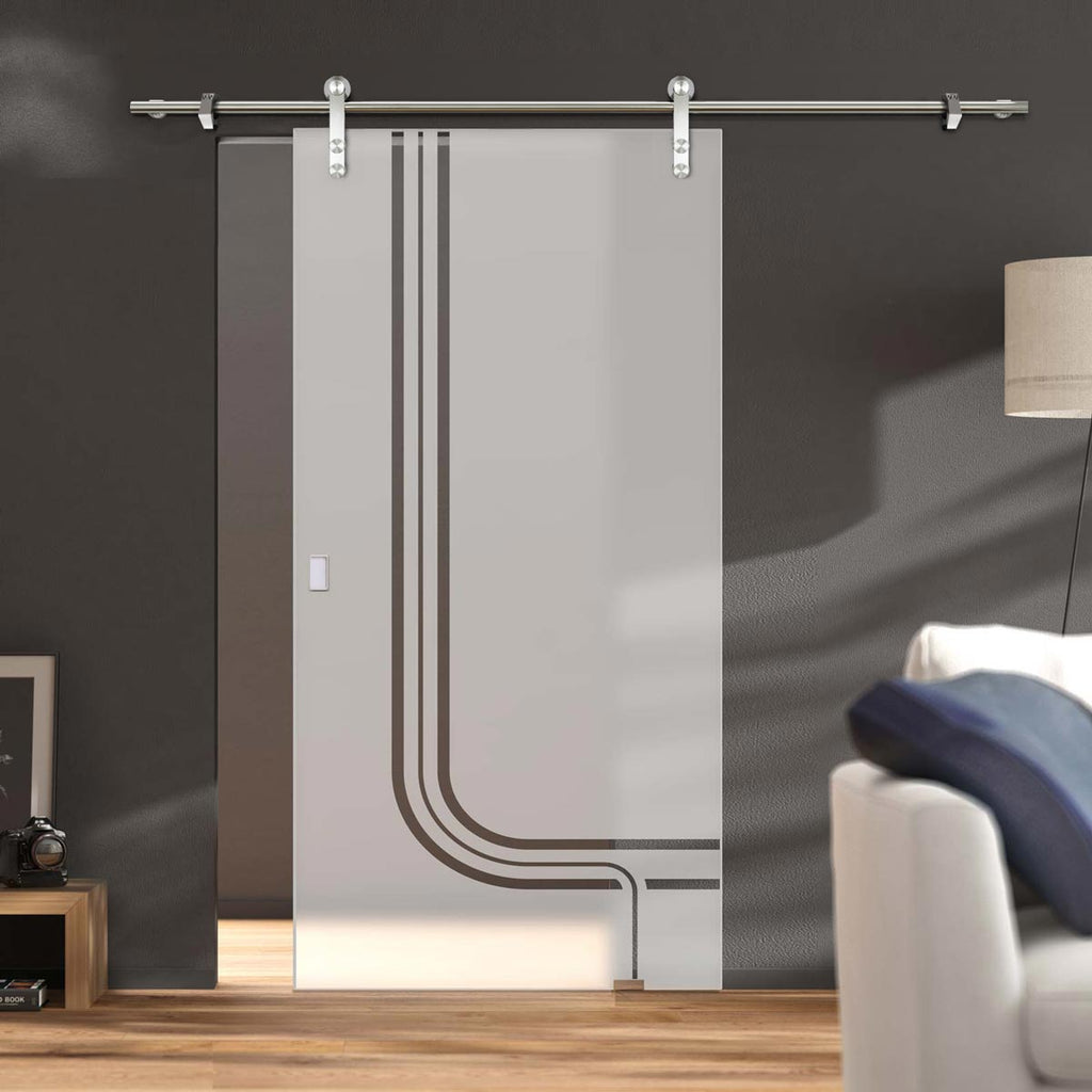 Single Glass Sliding Door - Solaris Tubular Stainless Steel Sliding Track & Holburn 8mm Obscure Glass - Clear Printed Design