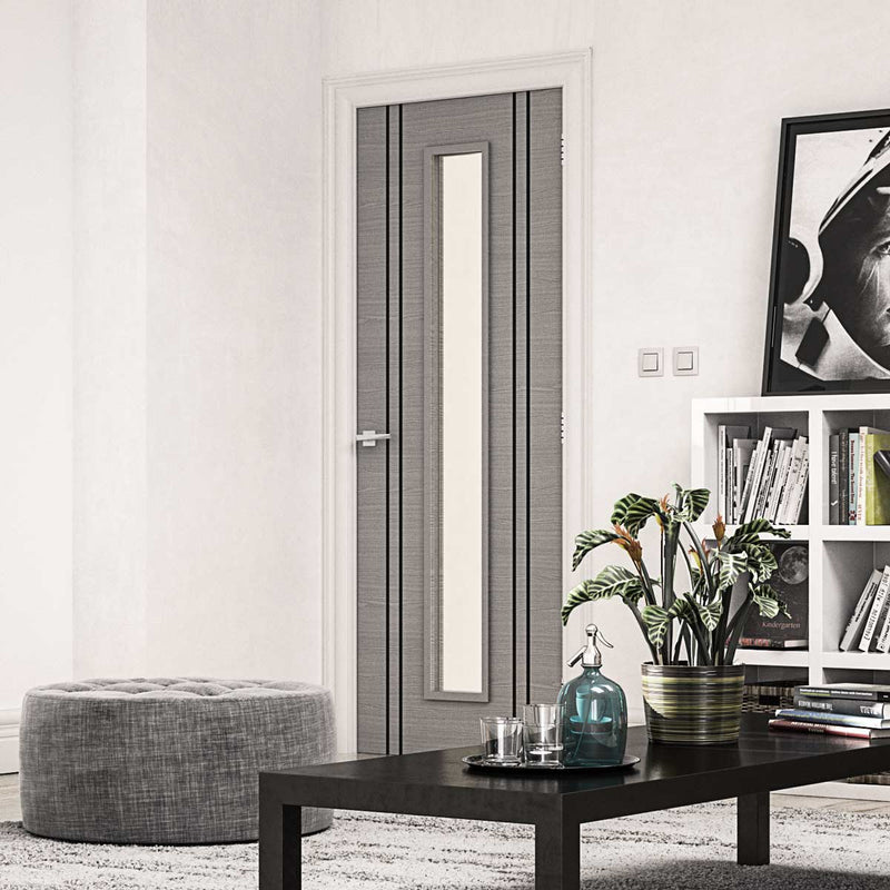 Bespoke Door - Flush Dark Grey Inlay - American Light Grey Ash Veneer - Clear Glass - 10 - Prefinished