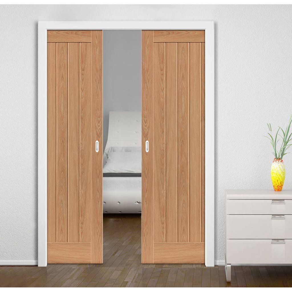 Laminates Hudson Oak Coloured Double Evokit Pocket Doors - Prefinished