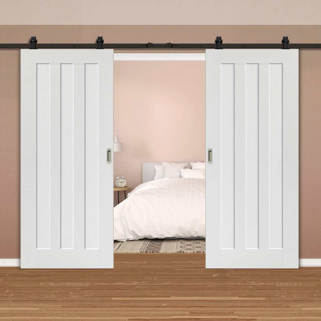 Top Mounted Black Sliding Track & Double Door - Idaho 3 Panel Doors - White Primed