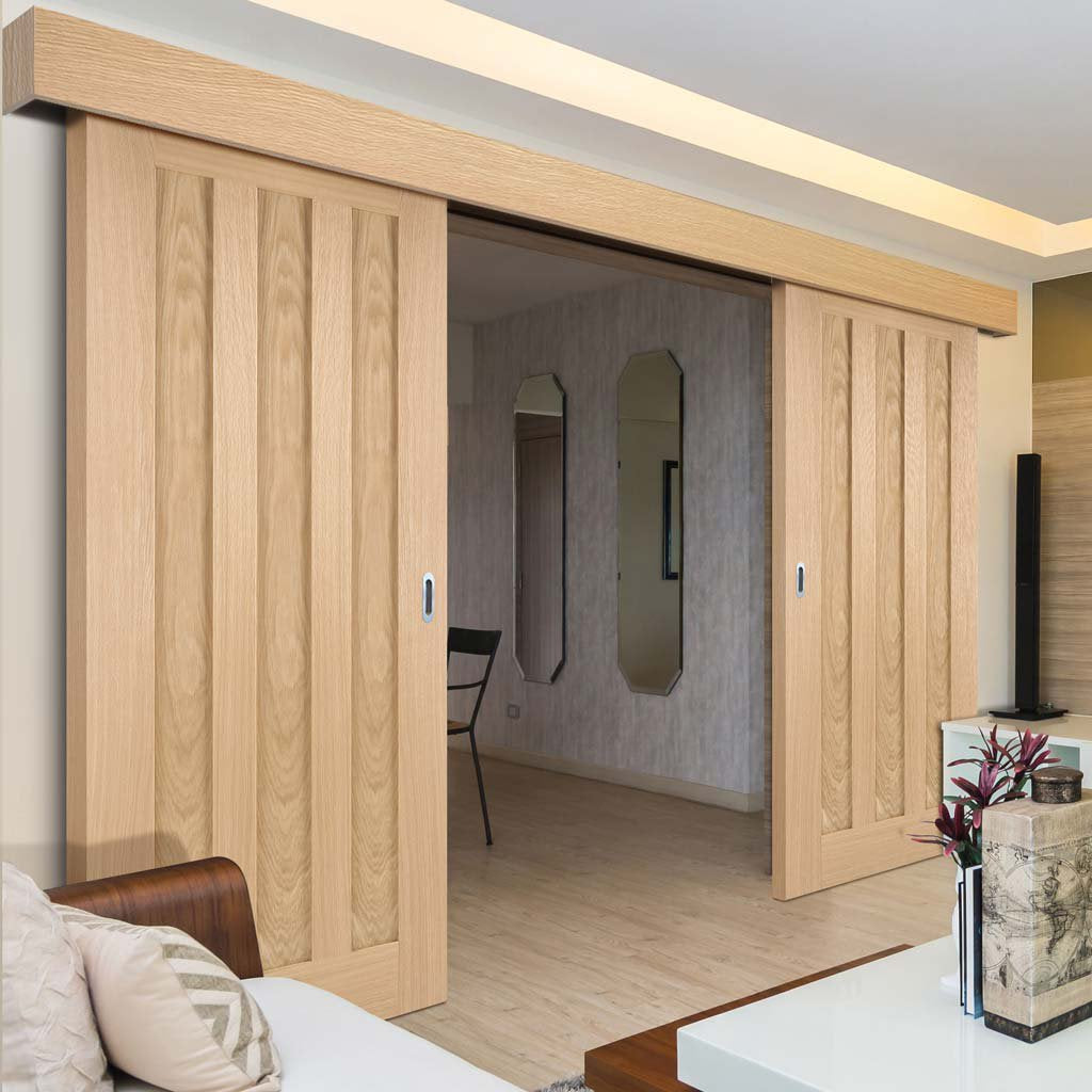 Double Sliding Door & Wall Track - Idaho 3 Panel Oak Doors - Prefinished