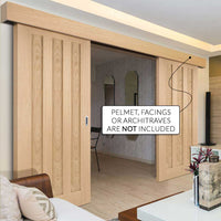 Double Sliding Door & Wall Track - Idaho 3 Panel Oak Doors - Prefinished