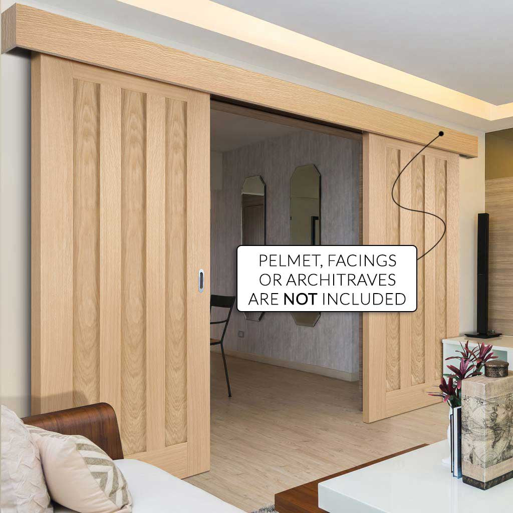 Double Sliding Door & Wall Track - Idaho 3 Panel Oak Doors - Prefinished
