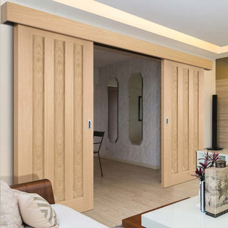 Image: Double Sliding Door & Wall Track - Idaho 3 Panel Oak Doors - Prefinished