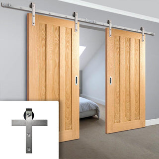 Image: Double Sliding Door & Straight Stainles Steel Track - Idaho 3 Panel Oak Doors - Unfinished