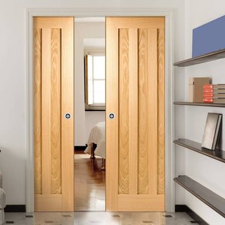 Image: Idaho Oak 3 Panel Double Evokit Pocket Door