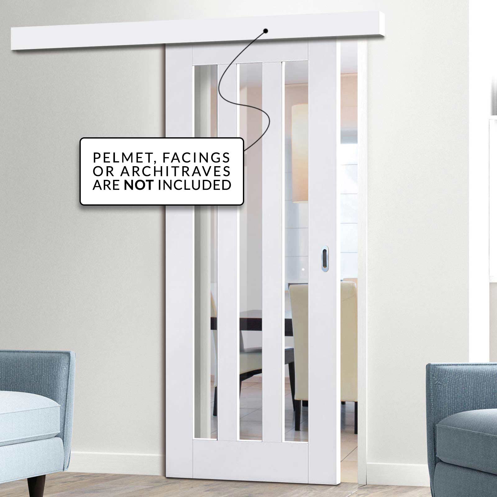 Single Sliding Door & Wall Track - Utah 3 Pane Door - Clear Glass - White Primed