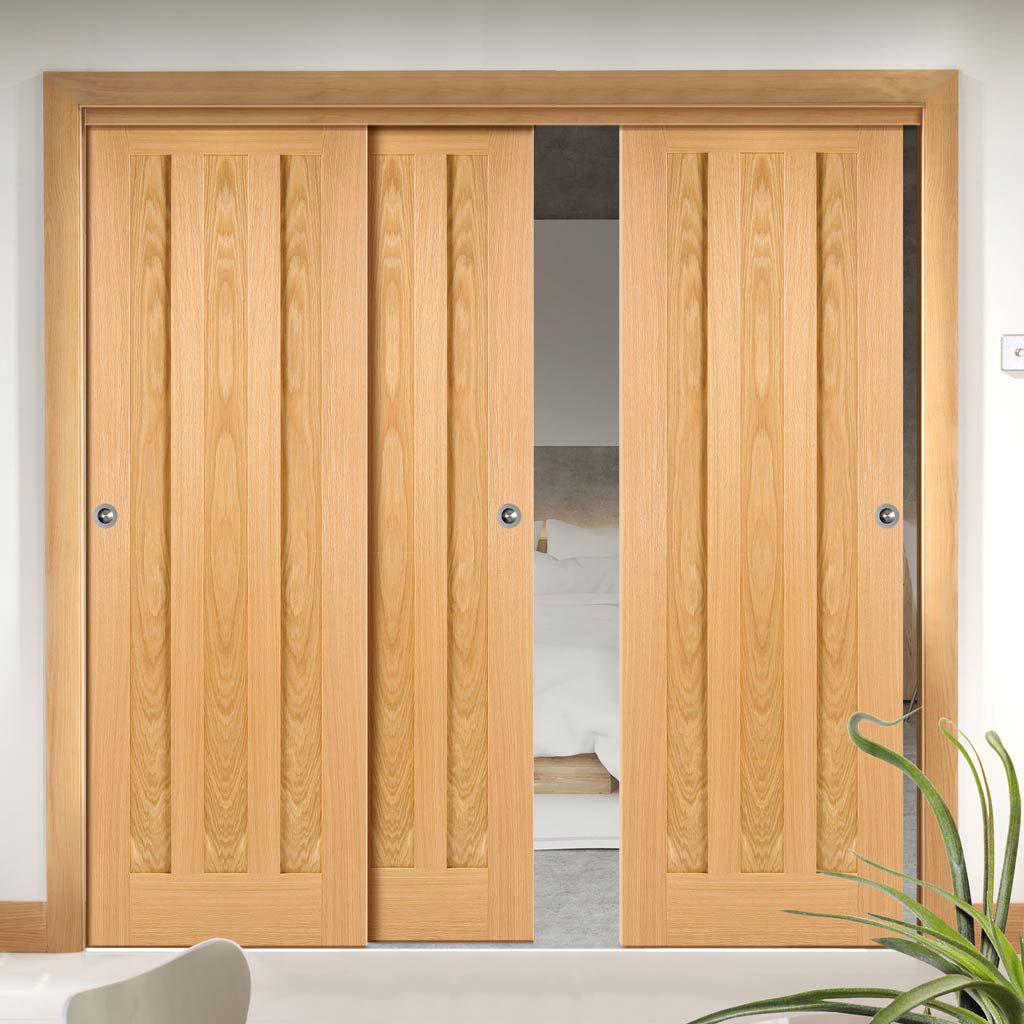 Three Sliding Doors and Frame Kit - Idaho 3 Panel Oak Door - Prefinished