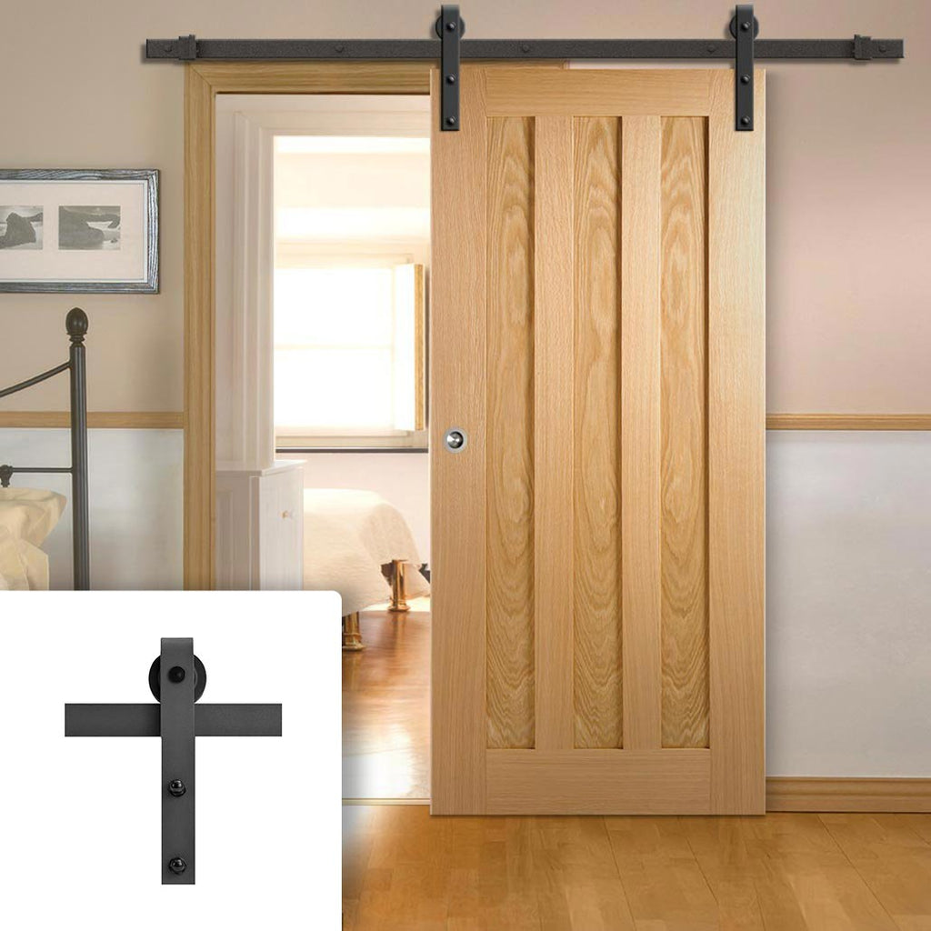 Single Sliding Door & Black Barn Track - Idaho 3 Panel Oak Door - Prefinished