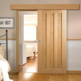 Image: Single Sliding Door & Wall Track - Idaho 3 Panel Oak Door - Unfinished