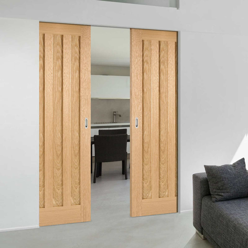 Idaho Oak 3 Panel Absolute Evokit Double Pocket Doors - Unfinished