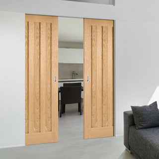 Image: Idaho Oak 3 Panel Absolute Evokit Double Pocket Doors - Unfinished