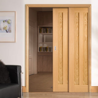 Image: Idaho 3 Panel Oak Veneer Staffetta Twin Telescopic Pocket Doors