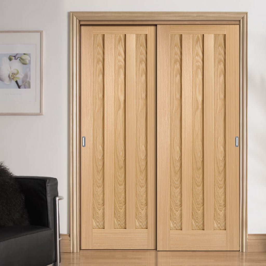 Two Sliding Doors and Frame Kit - Idaho 3 Panel Oak Door - Prefinished