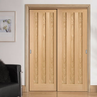 Image: Two Sliding Doors and Frame Kit - Idaho 3 Panel Oak Door - Prefinished