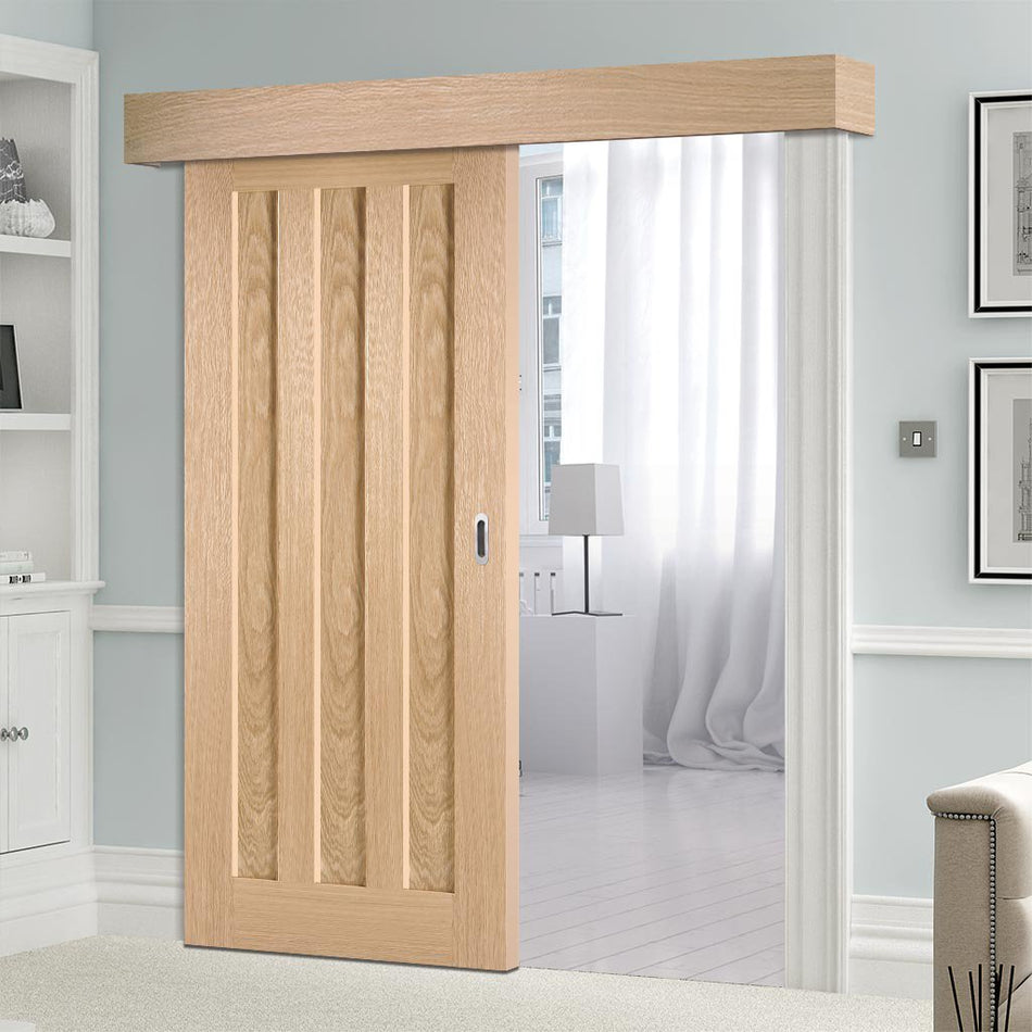 Single Sliding Door & Wall Track - Idaho 3 Panel Oak Door - Prefinished