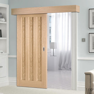 Image: Single Sliding Door & Wall Track - Idaho 3 Panel Oak Door - Prefinished