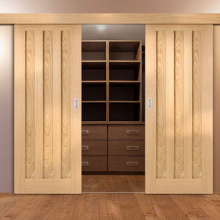 Image: Double Sliding Door & Wall Track - Idaho 3 Panel Oak Doors - Unfinished