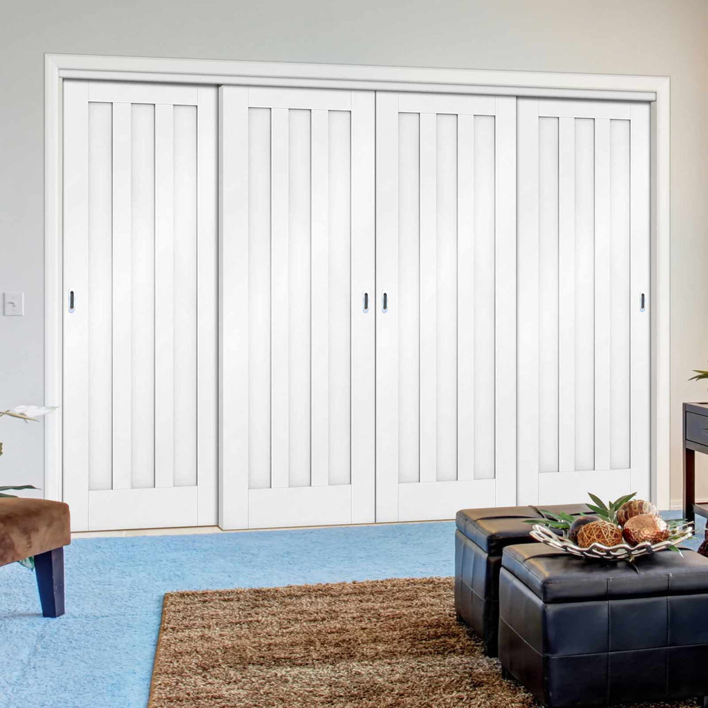 Four Sliding Doors and Frame Kit - Idaho Panel Door - White Primed