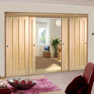 Image: Four Sliding Doors and Frame Kit - Idaho 3 Panel Oak Door - Unfinished