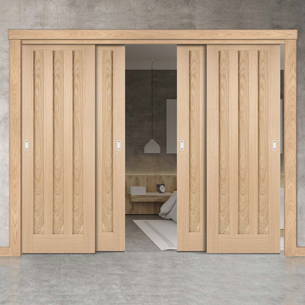 Four Sliding Doors and Frame Kit - Idaho 3 Panel Oak Door - Prefinished