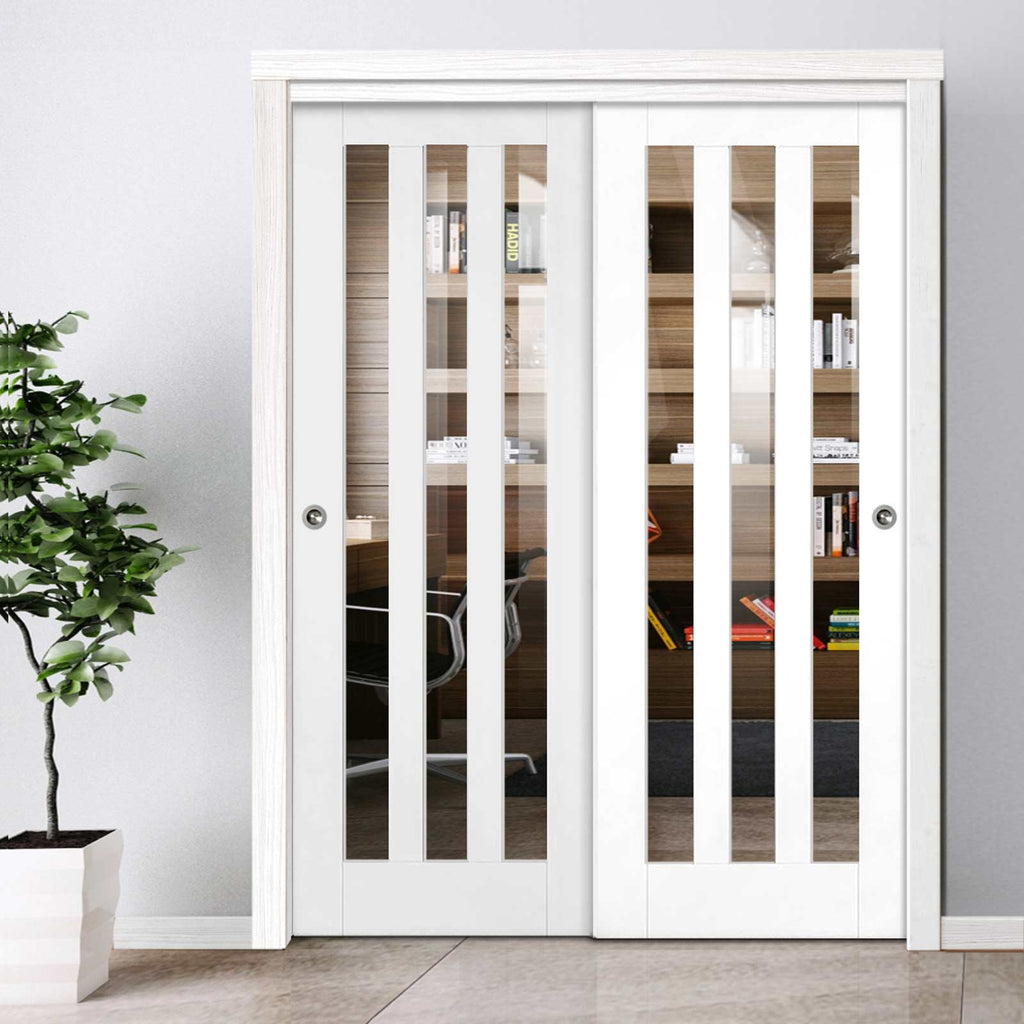Two Sliding Doors and Frame Kit - Utah 3 Pane Door - Clear Glass - White Primed
