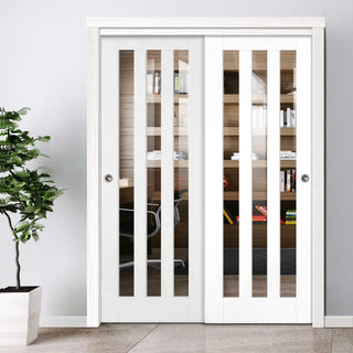 Image: Two Sliding Doors and Frame Kit - Utah 3 Pane Door - Clear Glass - White Primed
