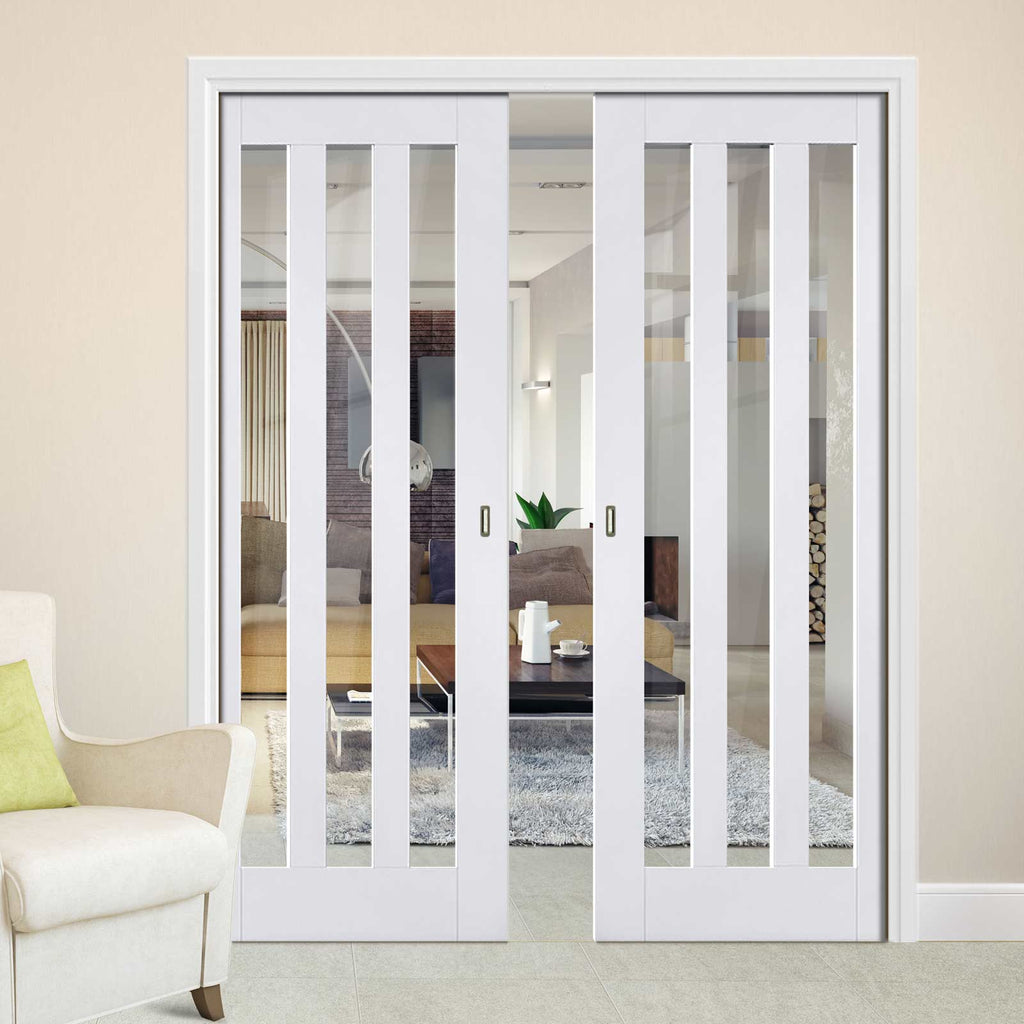 Utah Double Evokit Pocket Doors - Clear Glass - White Primed