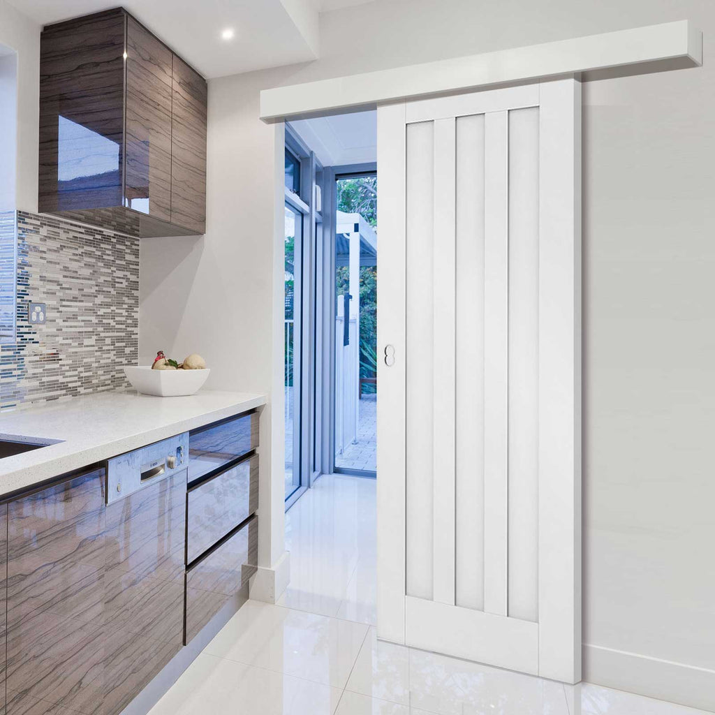 Single Sliding Door & Wall Track - Idaho 3 Panel Door - White Primed