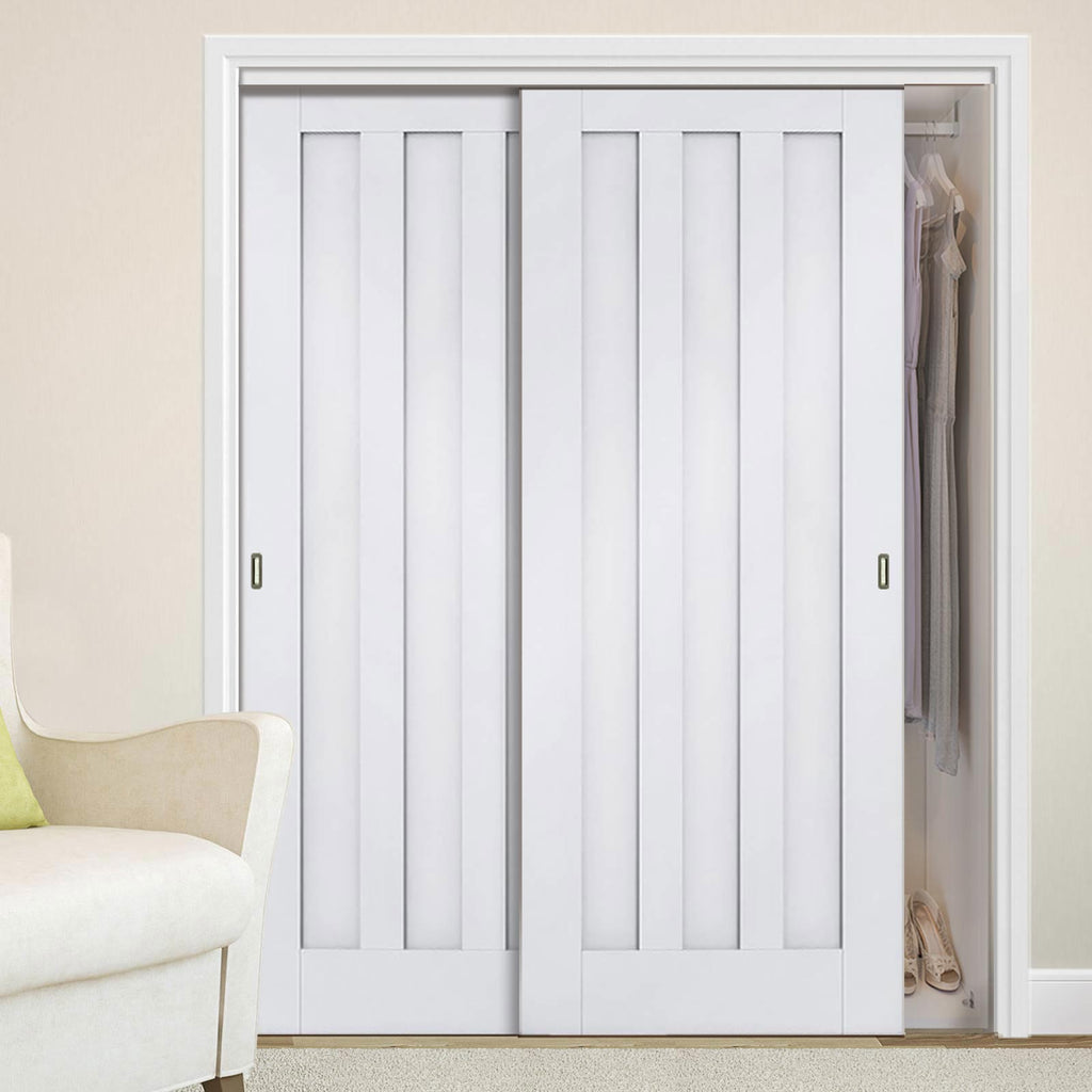 Two Sliding Wardrobe Doors & Frame Kit - Idaho Panel Door - White Primed