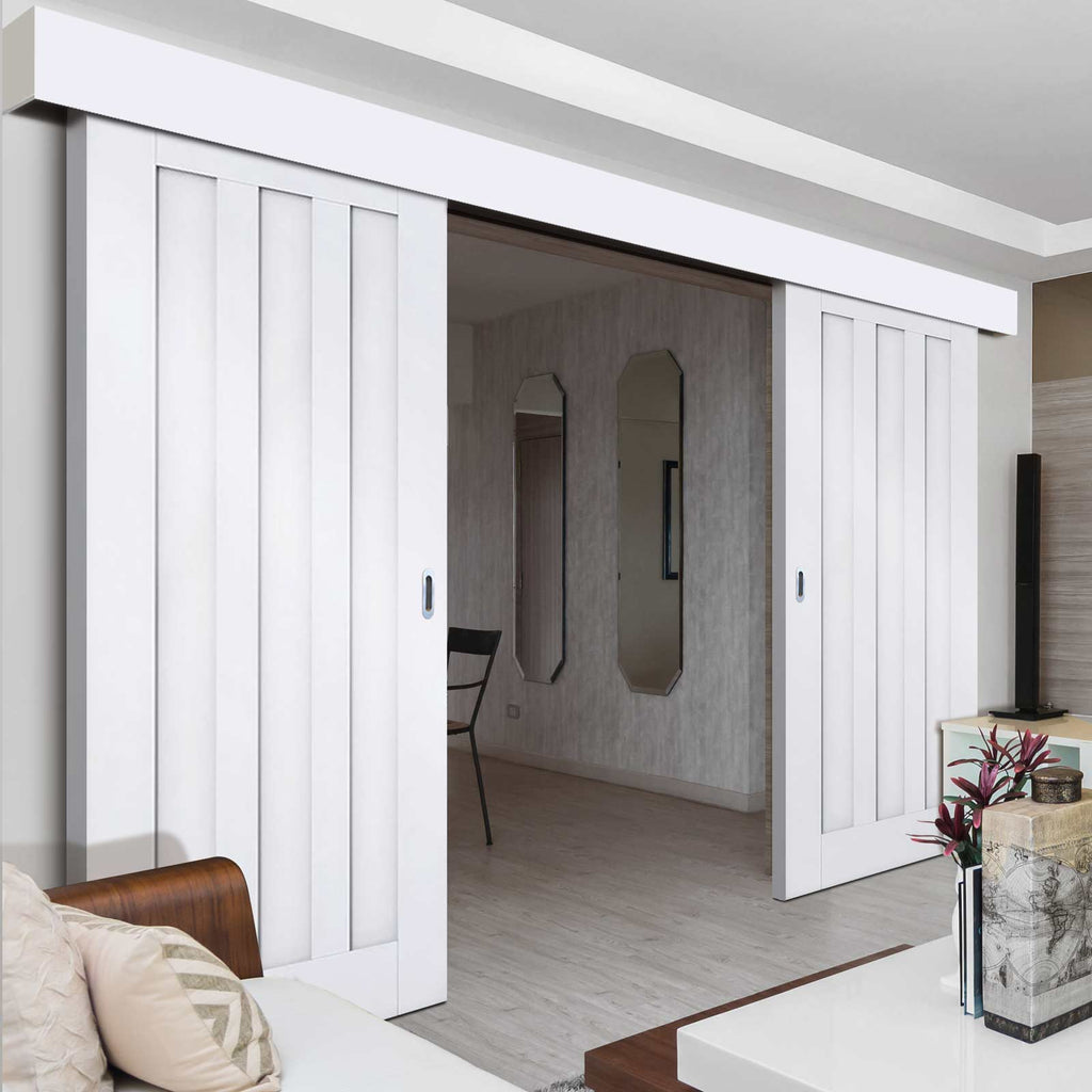 Double Sliding Door & Wall Track - Idaho 3 Panel Doors - White Primed