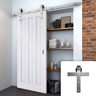 Image: Single Sliding Door & Stainless Steel Barn Track - Idaho 3 Panel Door - White Primed