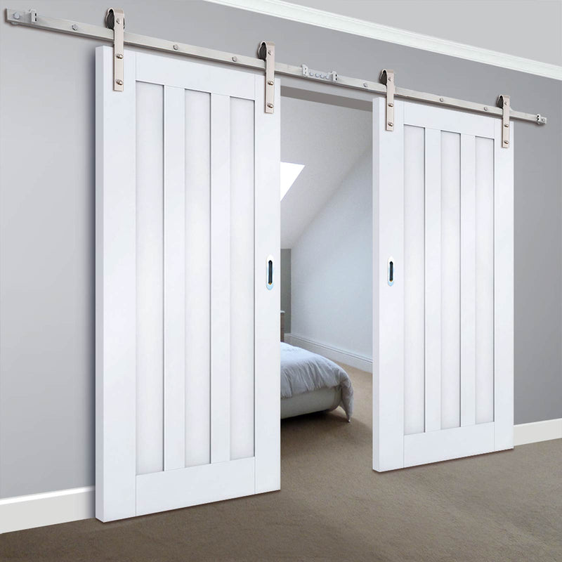 Double Sliding Door & Track - Idaho 3 Panel Doors - White Primed