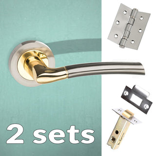 Image: Two Pack Indiana Status Lever on Round Rose - Satin Nickel - Polished Brass Handle