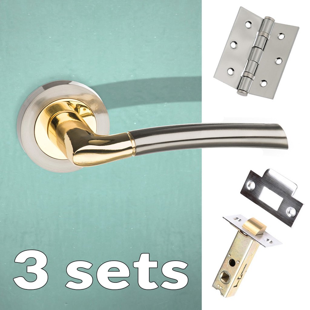 Three Pack Indiana Status Lever on Round Rose - Satin Nickel - Polished Brass Handle