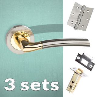 Image: Three Pack Indiana Status Lever on Round Rose - Satin Nickel - Polished Brass Handle