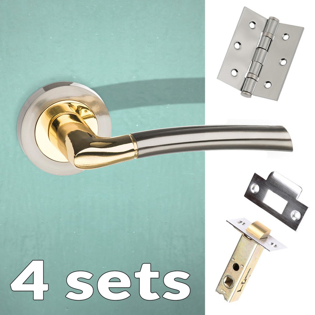 Four Pack Indiana Status Lever on Round Rose - Satin Nickel - Polished Brass Handle