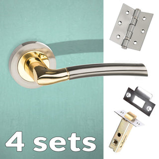 Image: Four Pack Indiana Status Lever on Round Rose - Satin Nickel - Polished Brass Handle
